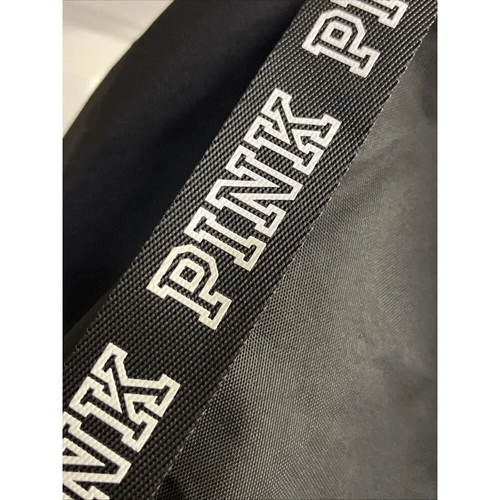 PINK Victoria's Secret Cinch Drawstring Large Back Pack Black/Silver NWOT
